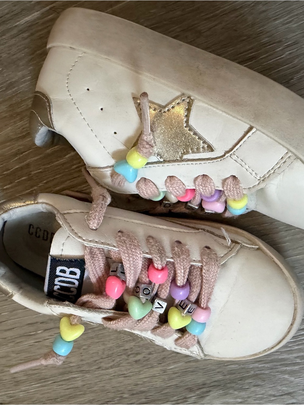 Kids Cream Sneakers with Gold Star and Pastel Bead Accents